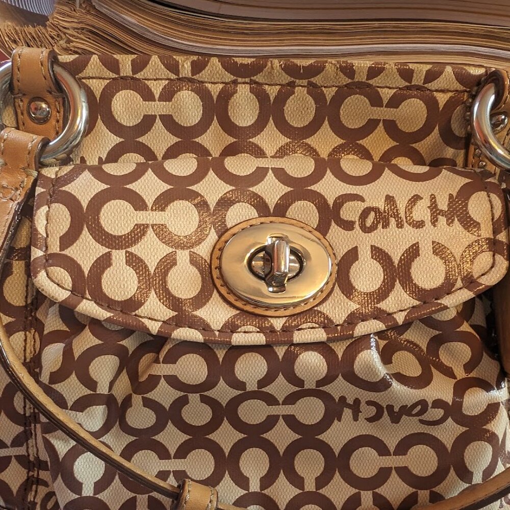 Authentic Coach Leah Optic Art Coated Canvas Brown Ivory Leather Handles 13141 - Picture 2 of 8